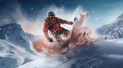 a snowboarder jumping around the snow covered mountains