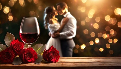Czerwone wino i czerwone róże. W tle obejmująca się para. Motyw walentynek, ślubu, rocznicy - obrazy, fototapety, plakaty