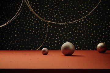  three silver balls sitting on top of a red table next to a black and white wall with stars on it.