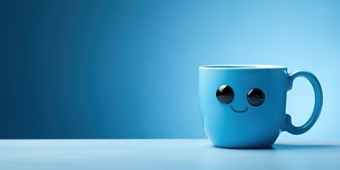 Not Sad blue cute small mug with smiling emoji, on a blue background, blue monday, copy space, banner - obrazy, fototapety, plakaty