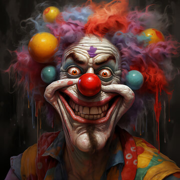 A sinister clown, the joker, wears a menacing smile, laughter in his eyes, and a red nose, adding a chilling twist to the circus spectacle, stock illustration image