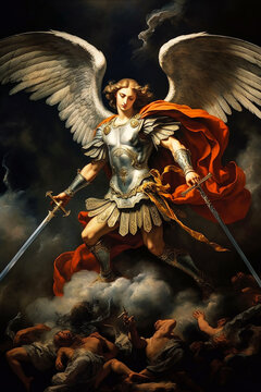 Graphic and biblical representation of the Archangel Michael. AI generativ.