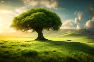 Tranquil countryside setting showcasing a solitary tree amidst lush green grass, with a radiant  gracing the sky.