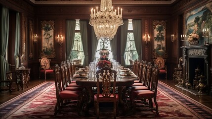 An opulent dining room with a long mahogany table, upholstered chairs, and fine china