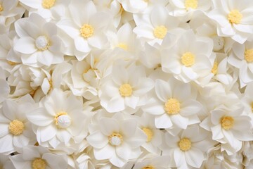  a close up of a bunch of white flowers with yellow stamens in the center of the flower petals.