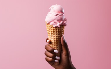a woman's hand holding a pink ice cream cone against a pink background