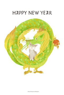 Dragon and cat ,post card size