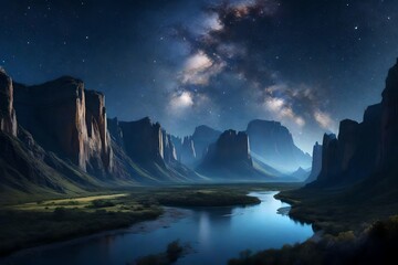 A tranquil river meandering through a valley, embraced by towering cliffs and a starry night sky.