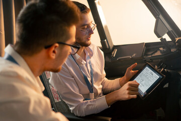 pilots in the cockpit of the plane near the control panel with a tablet in their hands discuss the...