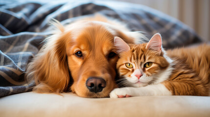 A Dog and a Cat Laying on a Bed