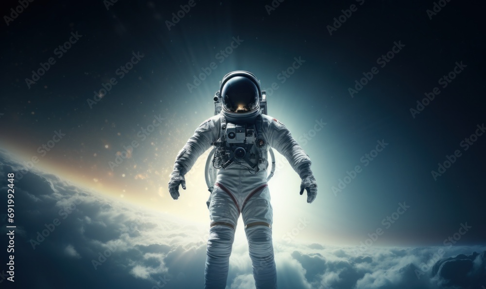 Sticker an astronaut is shown in his spacesuit with space on the background