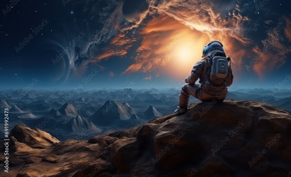 Poster an astronaut is shown in his spacesuit with space on the background