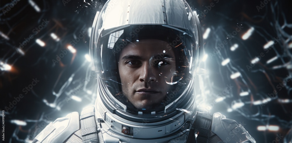 Wall mural an astronaut is shown in his spacesuit with space on the background