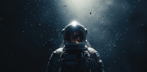 an astronaut is shown in his spacesuit with space on the background - Powered by Adobe