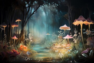 Enchanted forest scene with ethereal paintings of luminescent flora, Generative AI