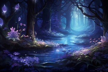 Enchanted forest scene with ethereal paintings of luminescent flora, Generative AI