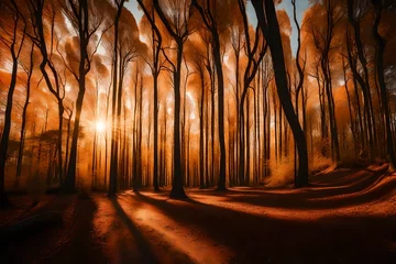 Foto op Canvas A dreamy landscape of trees stretching far and wide beneath the enchanting hues of a setting sun © colorful imagination