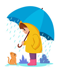 Vector happy kid boy and cat wear raincoat