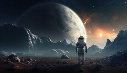 an astronaut walks in the middle of the earth - obrazy, fototapety, plakaty