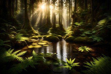 Sunlight filtering through a dense forest onto a secluded pond surrounded by ferns.