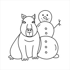 Vector line illustration of a funny capybara with snowman. 
