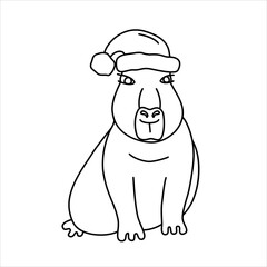 Vector line illustration of a capybara in Santa's hat.