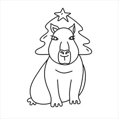 Vector line illustration of a capybara in funny hat.