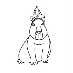Vector line illustration of a funny capybara in a christmas tree headband. 