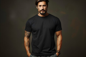 Fototapeta na wymiar Portrait of a handsome man in black t-shirt on dark background ai generated art