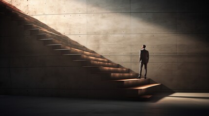 success ascent: young businessman climbing illuminated arrow stairs in interior setting