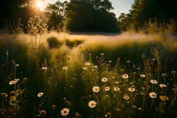A dewy morning in a wildflower-filled meadow, nature at its finest