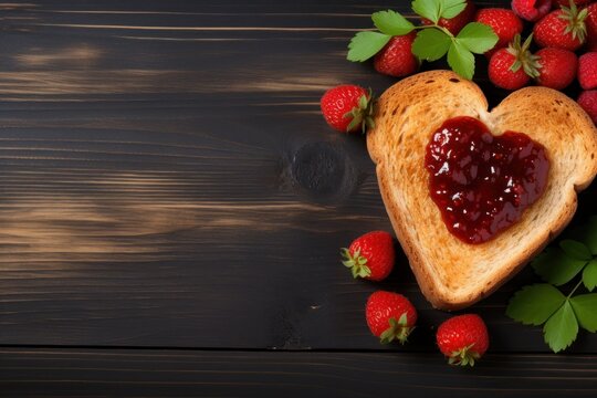  a heart shaped piece of bread with a strawberry jam on top of it next to fresh strawberries on a wooden table.