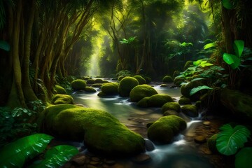 Serene jungle stream gently winding through lush foliage, dappled by soft sunlight.