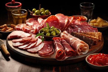 Cured meat platter of traditional tapas. Snacks food with ham, prosciutto, salami, chorizo sausage. - obrazy, fototapety, plakaty