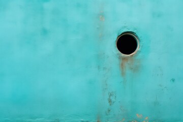  a close up of a blue wall with a hole in the middle of the wall and a rusted metal pipe sticking out of it.