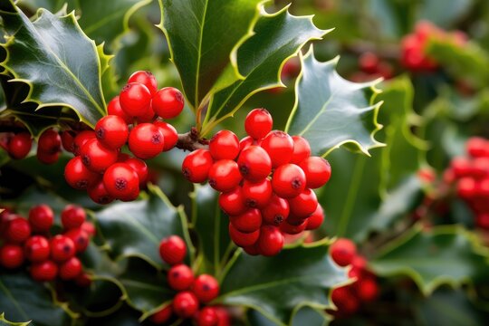 Closeup of holly beautiful red berries and sharp leaves. Symbol of Christmas in Europe.