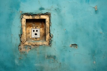  a square hole in the side of a blue wall with a white electrical outlet in the center of the hole.