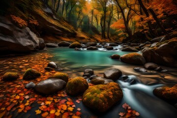 A secluded riverbank during autumn, surrounded by lush trees, polished rocks, and pure water