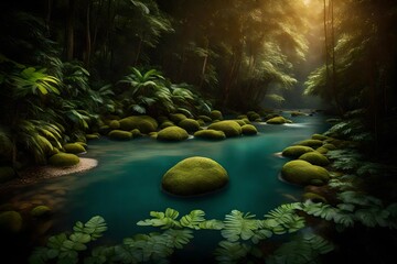 Clear, calm river gently coursing through a serene rainforest, creating a sense of natural tranquility.