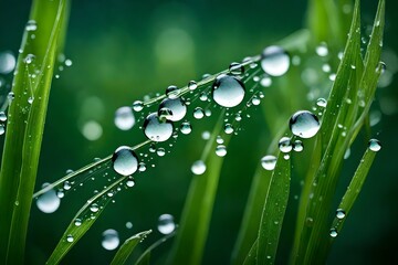 Close-up of dewdrops on blades of grass, a mesmerizing natural spectacle