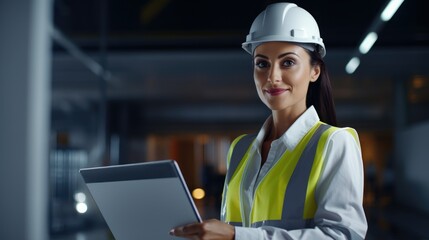 Smiling Portrait of a Beautiful Latin Female Industrial Engineer in White Hard Hat, High-Visibility Vest Working on Tablet Computer with copy space ,