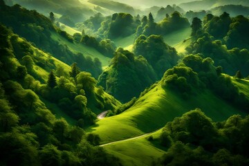 Rolling hills covered in verdant forests.