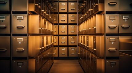 Rows of filing cabinets in a well-organized storage area with neutral tones and efficient lighting - obrazy, fototapety, plakaty