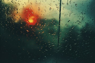  a view of a traffic light through a rain covered window with drops of water on the glass and a red traffic light in the background.