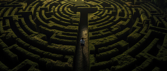 man lost in a complex maze, surreal concept.