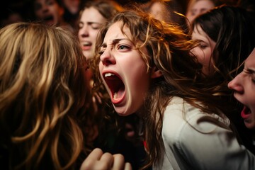 Emotional young girl screaming. Excited young girls. Crazy girls scream on concert in music hall. a girl screams in a crowd of people. hysterics