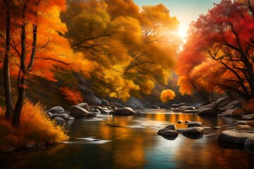 A serene river scene in the heart of autumn, surrounded by colorful trees and sunlit rocks