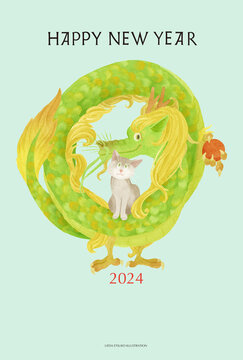 Dragon and cat ,post card size