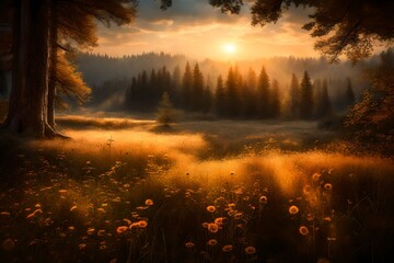 The fading sun creating a tranquil ambiance over a remote meadow and a quiet forest