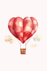 Hot air balloon with heart shape. Watercolor hand drawn illustration.
